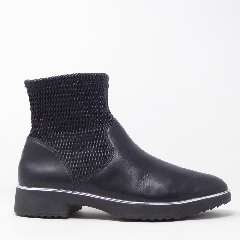 FitFlop Womens Nissie Mixte Ankle Boots Black Leather Knit Sock Trim Silver Sz 7